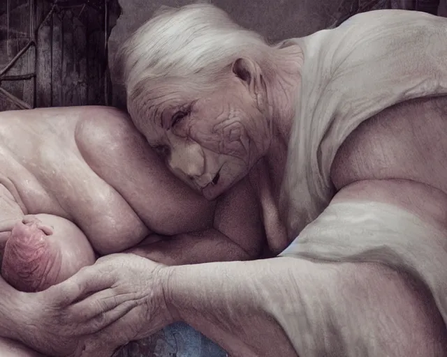 Image similar to of a very beautiful scene. ambient occlusion render. a sweet fat old woman is giving birth to her self as a sweet baby. hyper realistic. 4 k. wide angle. wild. symmetrical face, red mouth, blue eyes. deep focus, lovely scene. ambient occlusion render. concept art. unreal engine.