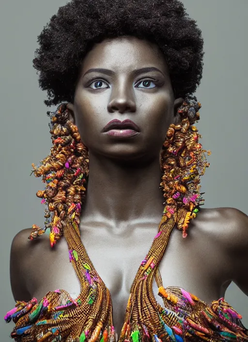 Prompt: a photo - real delicate sculpture of an ornate detailed black woman in front of a intricate background by aj fosik, curly hair, micro detail, backlit lighting, octane renderer, colorful, physically based rendering, tribal art, trending on cgsociety