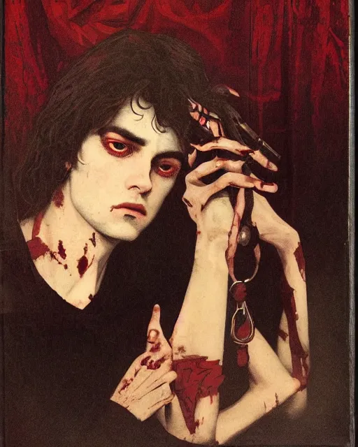 Prompt: a handsome but sinister and creepy young man in layers of fear, with haunted eyes, violence in his eyes, 1 9 7 0 s, seventies, delicate embellishments, a little blood, crimson, painterly, offset printing technique, by alexandre cabanel