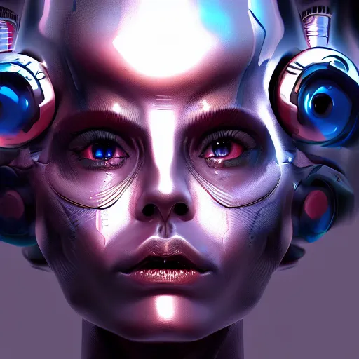 Image similar to dramatic portrait of a humanoid alien creature mixed android , futuristic headset, cyber punk style, highly detailed, digital painting, smooth, sharp, aggressive face, expressive eyes, digital painting, ultrarealistic, 4k, artstation, art by Neville Page and Daytoner