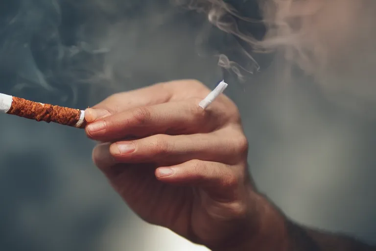 Image similar to Close-up of thin hand holding cigarette with smoke, hyper realistic, photo