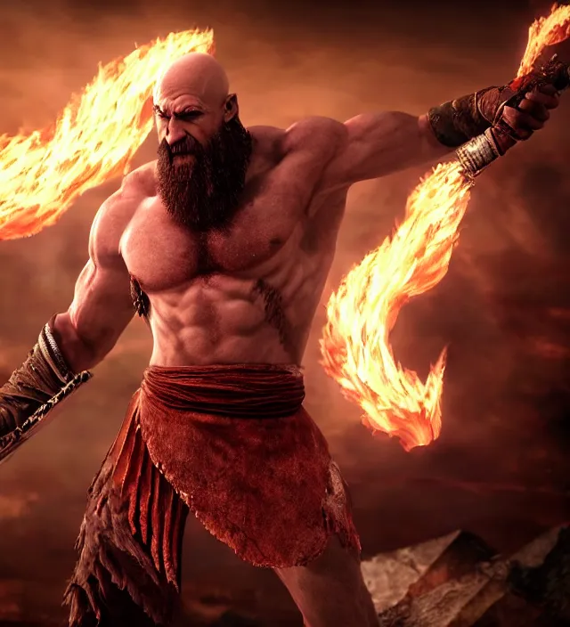 Image similar to kratos shredding on a flaming stratocaster guitar, cinematic render, god of war 2 0 1 8, santa monica studio official media, lightning, stripe over eye