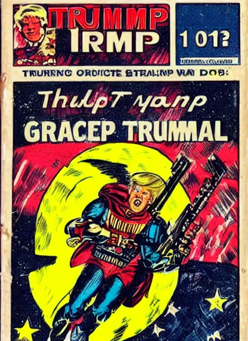 Image similar to vintage comic book cover of donald trump as a space marine from warhammer 4 k