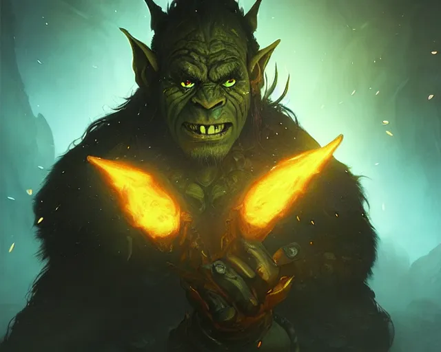 Image similar to a 4 k cinematic screenshot still portrait of a orc in a dark liminal space room surrounded by amber glow, deep focus, d & d, fantasy, intricate, elegant, highly detailed, digital painting, art station, concept art, matte, sharp focus, illustration, dark fantasy style art, hearthstone, art by artgerm and greg rutkowski and alphonse mucha