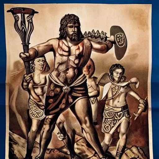 Prompt: A roman propaganda poster demonising tatooed celtic warriors. circa 400 BC