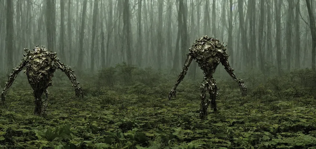 Image similar to a complex organic fractal 3 d metallic symbiotic ceramic humanoid megastructure creature in a swampy lush forest, foggy, cinematic shot, photo still from movie by denis villeneuve, wayne barlowe