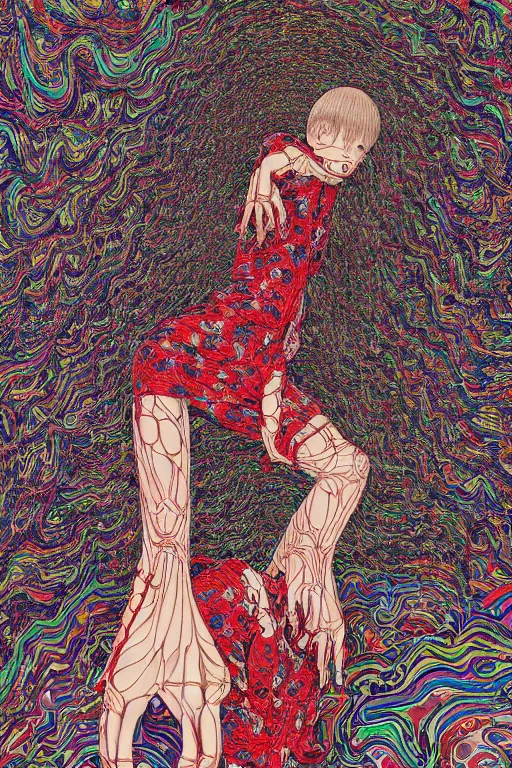 Image similar to body breaking apart, life like conjuring psychedelic illustration by shintaro kago, ultra realistic, highly detailed, hypermaximalist, symmetrical, rich deep colors. art by takato yamamoto. masterpiece