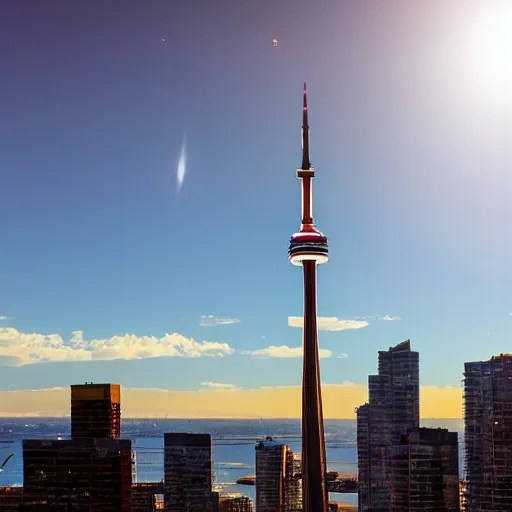 Image similar to Toronto tourist guide with planet mars as a head impaled on Toronto space needle, dramatic cinematic lighting