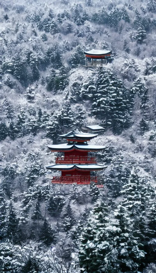 Prompt: a shinto shrine atop a mountain,snowy,beautiful,nature,distant shot,isometric