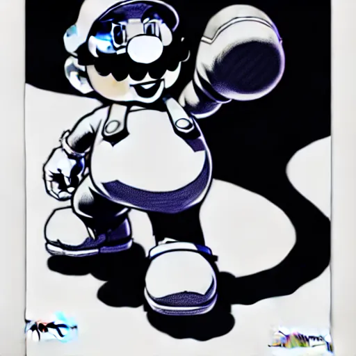 Image similar to mario stomping on a goomba, line art black and white, art by artgerm and greg rutkowski and alphonse mucha