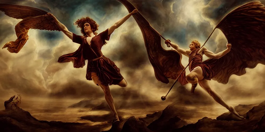 Image similar to Icarus trying to catch a quidditch, by Rolf Armstrong and Evelyn De Morgan and Bastien Lecouffe-Deharme, dramatic lighting, high contrast colors, baroque, empyrean, panoramic view, as trending on Artstation, highly detailed, doom engine,