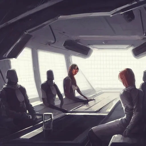 Image similar to concept art by greg rutkowski, a very tall, and slender woman with blond hair, sitting with the crew in the ship's flight deck, brutalist futuristic interior, dark lighting atmosphere, detailed portraits, nostalgic atmosphere, scifi, digital painting, artstation, concept art, smooth, sharp foccus ilustration, artstation hq