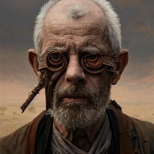 Prompt: portrait painting of a post - apocalyptic older american eyeless man wearing monk garbs with a scrap pauldron, ultra realistic, concept art, intricate details, eerie, highly detailed, photorealistic, octane render, 8 k, unreal engine. art by artgerm and greg rutkowski and charlie bowater and magali villeneuve and alphonse mucha