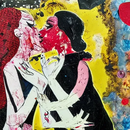 Image similar to two vampire women kissing at a carnival, mixed media collage, retro, paper collage, magazine collage, acrylic paint splatters, bauhaus, abstract claymation, layered paper art, sapphic visual poetry expressing the utmost of desires by jackson pollock