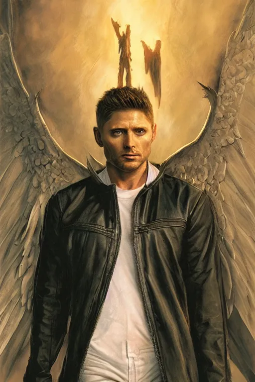 Image similar to a detailed matte portrait of an jensen ackles dressed as angel from buffy the vampire slayer, masterpiece, 8 k, art by donato giancola and greg rutkowski and wayne barlow and zdzisław beksinski