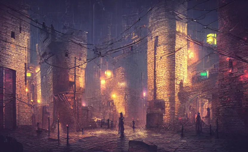 Prompt: a cyberpunk medieval castle, stone brick walls, vincent lefevre, neon lights, fantasy art, sci - fi, pedestrians