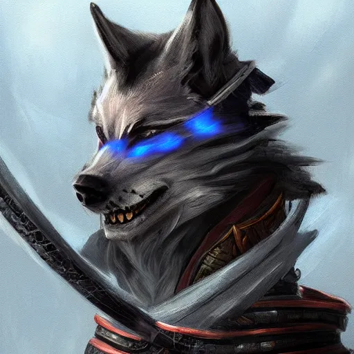 Image similar to anthropomorphic Azure samurai wolf, DnD character art portrait, oil painting, magic the gathering artwork, D&D, fantasy, cinematic lighting, centered, symmetrical, highly detailed, digital painting, artstation, concept art, smooth, sharp focus, illustration, volumetric lighting, epic Composition, 8k, art, DeviantArt, trending on Artstation, Jason Felix, Steve Argyle, Tyler Jacobson, Peter Mohrbacher, Greg Rutkowski, Craig Mullins, Frank Frazetta, cinematic lighting H- 768