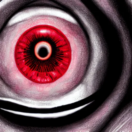 Image similar to a detailed extremely close up of inside the iris, cornea, red image, microscopic, extremely close up drawing by junji ito, cgsociety, generative art, lovecraftian, parallax, cosmic horror, extremely detailed, hyperrealism, unreal engine, octane render, award winning, masterpiece, highly detailed, realistic, 4 k, digital