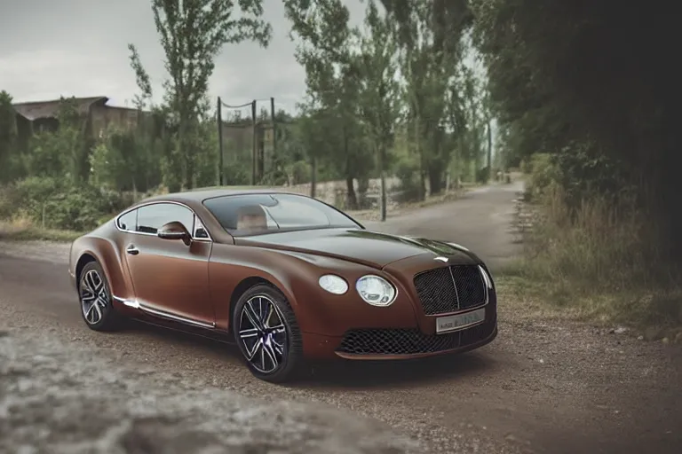 Image similar to modern rusty matte tired Bentley Continental GT without gloss no reflections drives along the road of an old Russian village with houses at the edges