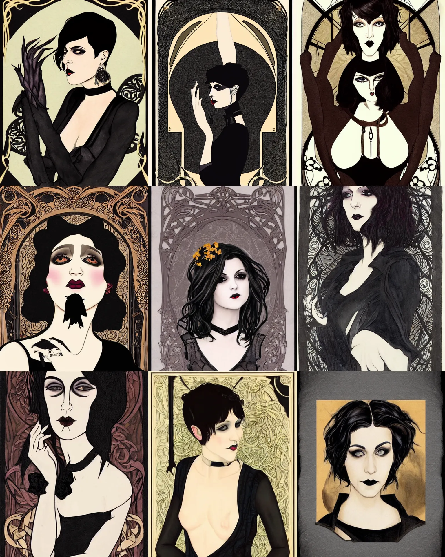 Prompt: An art nouveau goth portrait. Her hair is dark brown and cut into a short, messy pixie cut. She has a slightly rounded face, with a pointed chin, large entirely-black eyes, and a small nose. She is wearing a black tank top, a black leather jacket, a black knee-length skirt, a black choker, and black leather boots.