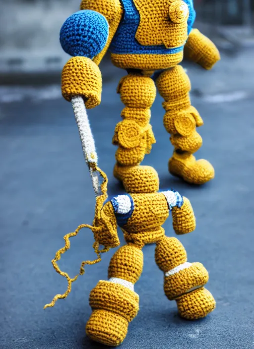 Image similar to a crochet mecha, realistic, no cropping, full body, Sigma 50 mm f/1.4