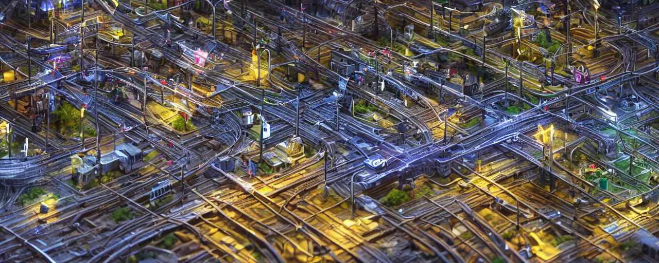 Image similar to mega detailed miniature voxel diorama of huge railway junction, futuristic architecture, tilt shift, industrial lights, by night clean and sterile atmosphere, several trains nearby, near future 2 0 3 0