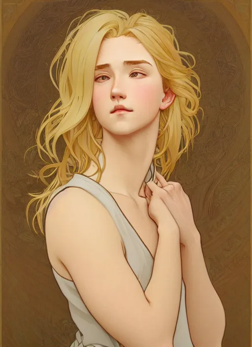 Image similar to pretty young man with shoulder length shiny shimmering golden blond hair, head down, demure, shy, path traced, highly detailed, high quality, digital painting, by studio ghibli and alphonse mucha, leesha hannigan, disney