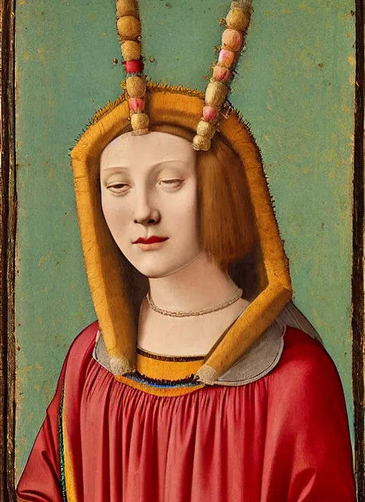 Image similar to portrait of young woman in renaissance dress and renaissance headdress, art by giotto