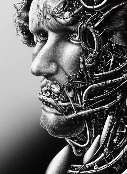 Image similar to Jim Morrison by Yoshitaka Amano, by HR Giger, biomechanical, profile portrait, 4k, wide ayes, hyper detailed, hyperrealism, anime