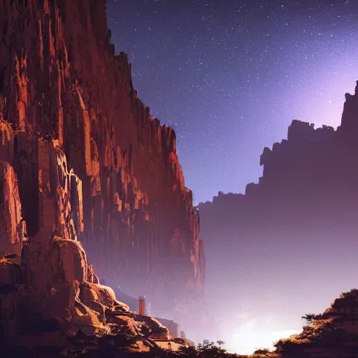 Prompt: the land of canyons and pineapples at night with a starry sky, cinematic, wide angle establishing shot, fantasy, hyperrealism, craig mullins, greg rutkowski, pete morbacher, tuomas korpi, tekkon kinreet, volumetric light, octane render, photorealistic concept art, highly detailed, very intricate