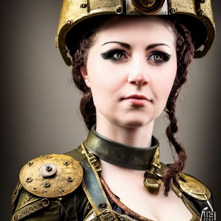 Image similar to portrait photograph of a real-life beautiful female steampunk soldier. Extremely detailed. 8k