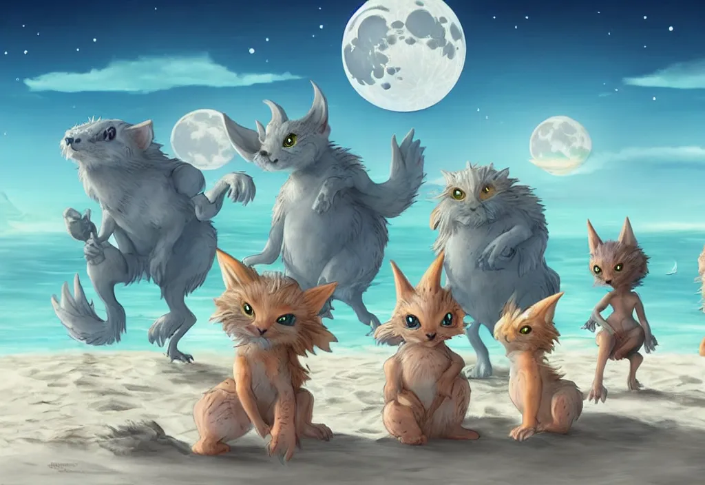 Image similar to cute fantasy critters at the beach looking at the moon, ultra realistic, concept art, highly detailed