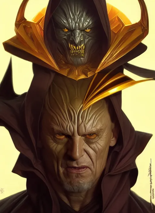 Image similar to portrait of a truly evil sith, yellow eyes, enraged, muscular, dark evil robes, intricate, elegant, highly detailed, digital painting, artstation, concept art, smooth, sharp focus, illustration, art by artgerm and greg rutkowski and alphonse mucha