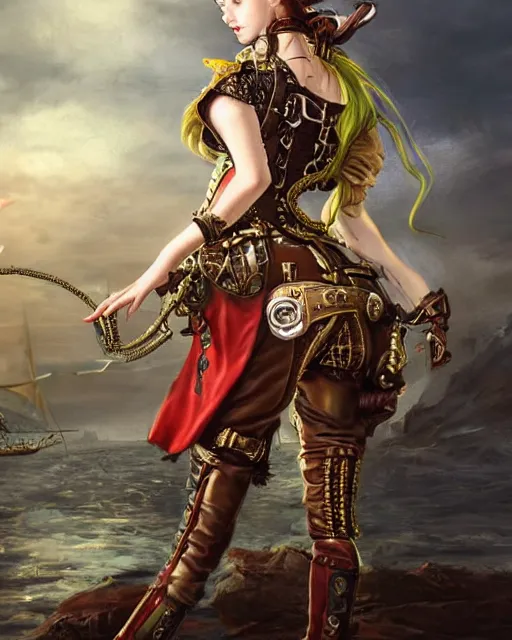 Image similar to a beautiful young female steampunk pirate wearing leather armor on gold and red trimmings on green, very cool pose, pirate ship with an epic sky background, slightly smiling Charlie Bowater Annie Leibovitz, zhuoxin ye, cinematic lighting and composition, fantasy painting, very detailed, ornate, 8k trending on artstation and pinterest, deviantart, google images