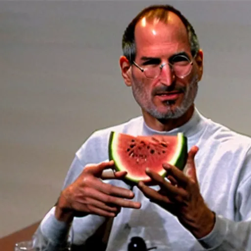 Image similar to steve jobs presenting a watermelon with a propeller