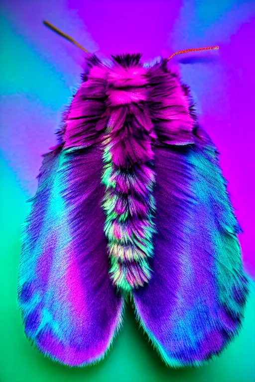 Image similar to high quality macro photo pearlescent furry moth! jeweled gorgeous! highly detailed david ligare elson peter cinematic purple neon lighting high quality low angle hd 8k sharp shallow depth of field