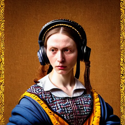 Image similar to Colour Caravaggio style Photography of Highly detailed beautiful Woman with 1000 years perfect face and wearing detailed Ukrainian folk costume designed by Taras Shevchenko also wearing highly detailed retrofuturistic headset designed by Josan Gonzalez. Many details In style of Josan Gonzalez and Mike Winkelmann and andgreg rutkowski and alphonse muchaand and Caspar David Friedrich and Stephen Hickman and James Gurney and Hiromasa Ogura. Rendered in Blender and Octane Render volumetric natural light