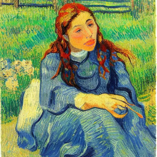 Image similar to young woman dreaming of bubbles and fish, concept art, gouache, camille pissarro, van gogh, wide shot