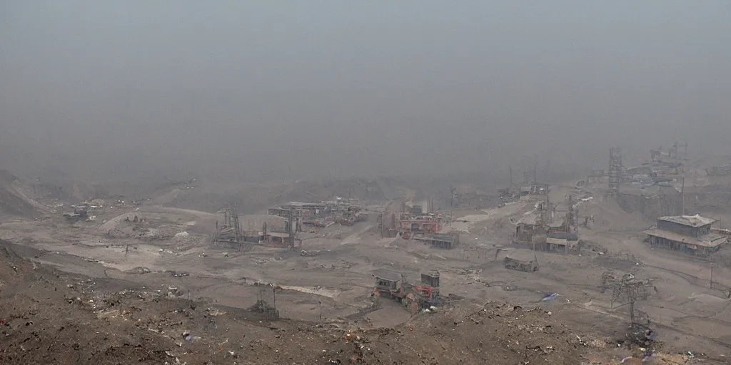 Prompt: industrial mine, pollution, haze, film still from wes anderson movie, baotou china,