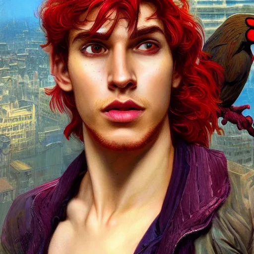 Image similar to portrait of a young spiderman handsome but joyful anthropomorphic parrot, male, masculine, upper body, red hair, long hair, d & d, fantasy, fierce, sharp features, intricate, elegant, highly detailed, digital painting, artstation, concept art, matte, sharp focus, illustration, art by artgerm and greg rutkowski and alphonse mucha