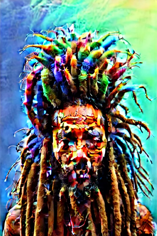 Image similar to hyperrealistic close - up portrait of psychedelic colorful acid neuro - shaman dreadlocks hippy highly detailed concept art eric zener elson peter cinematic hard lighting high angle hd 8 k sharp shallow depth of field, inspired by denis villeneuve and zdzisław beksinski