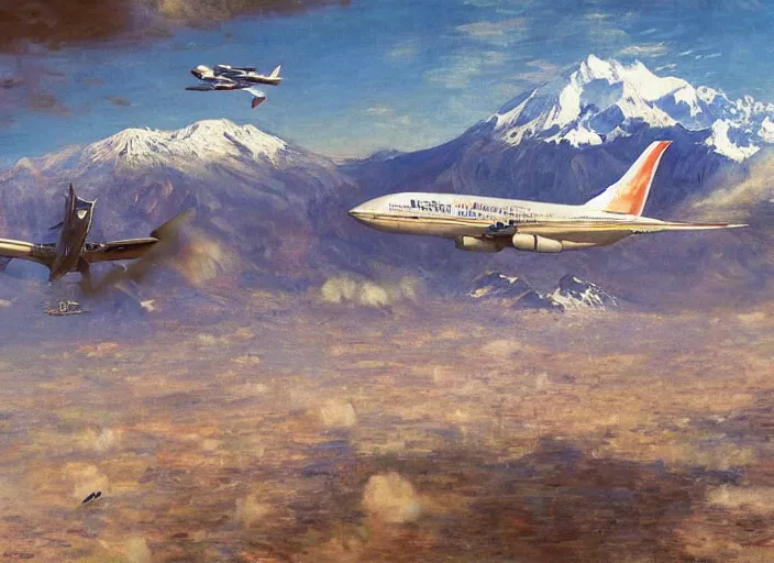 Image similar to illustration of the chilean coup d'etat of a plane flying at full speed between buildings in futuristic santiago de chile with the andes mountain range in the background in a dystopian future by john berkey and monet