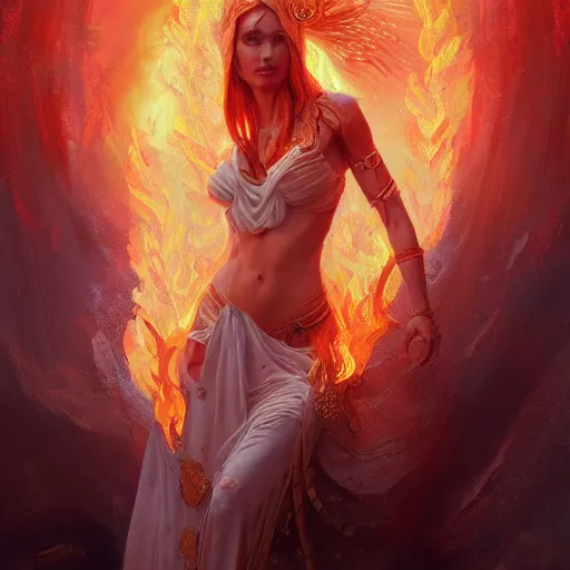 Image similar to a beautiful portrait of a fire goddess, flaming background, a detailed painting by greg rutkowski and raymond swanland, featured on cgsociety, fantasy art, detailed painting, artstation hd, photorealistic