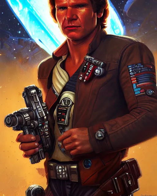 Image similar to character portrait closeup 4 0 years old han solo harrison ford cyberpunk starcraft terran warhammer 4 0 k space marine, confident, character design, painting by gaston bussiere, dan mumford, katsuya terada, frank frazetta, tom of finland, trending on artstation