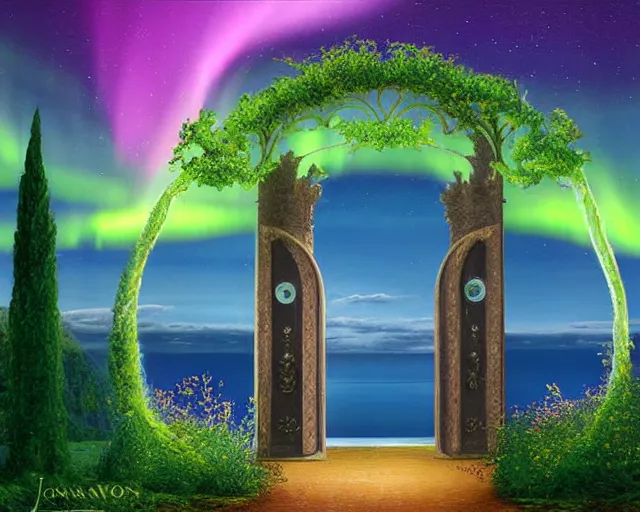 Prompt: Magical portal gate leading to breathtaking Paradise, with Aurora Borealis in the sky, by John Avon and René Magritte, digital art