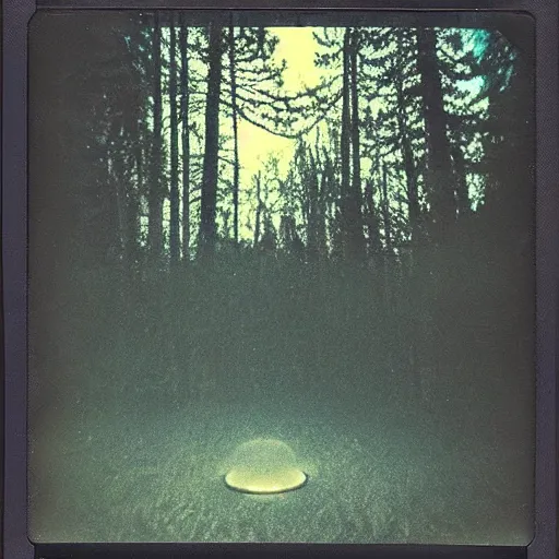 Prompt: a ufo flying over a forest at night, ufo!!!, old polaroid,