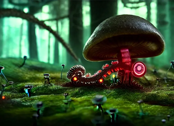 Image similar to 12mm intricate mechanical caterpillar with visible gears and electronics and optic Fibres sitting on top of a mushroom in a magical forest. Very detailed 8k. Fantasy cyberpunk horror. Sharp. Cinematic post-processing