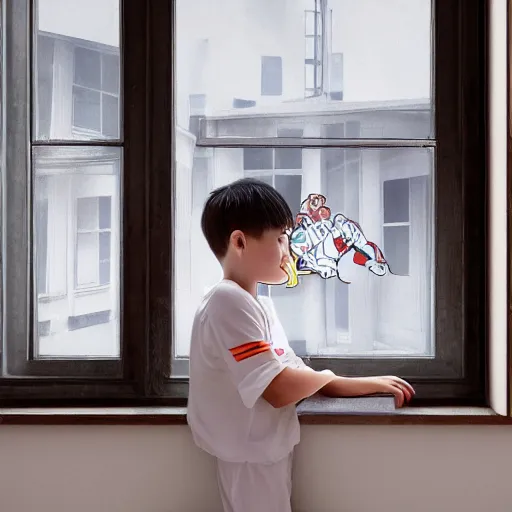 Image similar to young boy wearing white fabric pajama with cartoon paintings on it infront of the window in his room and staring outside. highly detailed, digital photo, smooth and sharp focus, cg by tian zi and wlop and alphonse mucha