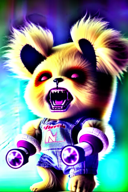 Image similar to high quality 3 d render neo - cyberpunk very cute fluffy! screaming chucky doll!! cyborg with headphones, mechanical paw, highly detailed, unreal engine cinematic smooth, in the style of detective pikachu, hannah yata charlie immer, neon purple light, low angle, uhd 8 k, sharp focus