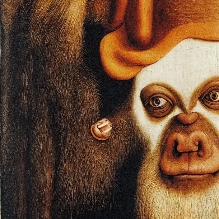 Prompt: close up portrait of a mutant monster creature with mandrill - like nose, baldness, needles portruding through the cheeks, painted forehead, medusae beard. jan van eyck